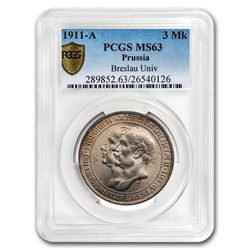 1911-A Germany 3 Mark Breslau University Prussia MS-63 PCGS