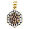 Image 1 : 10kt Yellow Gold Round Brown Diamond Hexagon Flower Cluster Pendant 1/2 Cttw