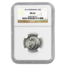 1914 Romania Silver Leu MS-62 NGC