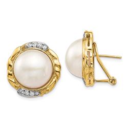 14k Yellow Gold White Pearl .16 ct Diamond Earrings - 13-14 mm