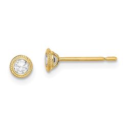 14k Yellow Gold Round Cubic Zirconia Milgrain Bezel Post Earrings