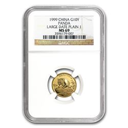1999 China 1/10 oz Gold Panda Large Date/Plain 1 MS-69 NGC