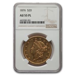 1876 $20 Liberty Gold Double Eagle AU-55 NGC (PL)