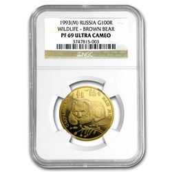 1993 Russia 1/2 oz Gold 100 Roubles Brown Bear PF-69 NGC