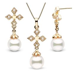 White Akoya Pearl and Diamond Cross Pendant and Earring Set