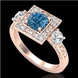 1.55 ctw Intense Blue Diamond Art Deco 3 Stone Ring 18k Rose Gold