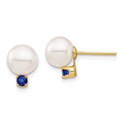 14k Yellow Gold White Pearl Sapphire Post Earrings - 7-7.5 mm