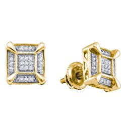 Yellow-tone Sterling Silver Mens Round Diamond Square Cluster Stud Earrings 1/8 Cttw