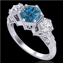 1.66 ctw Intense Blue Diamond Art Deco 3 Stone Ring 18k White Gold