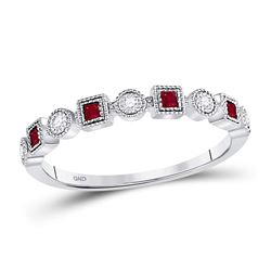 10kt White Gold Princess Ruby Diamond Square Dot Milgrain Stackable Band Ring 1/8 Cttw