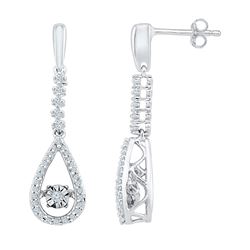 10kt White Gold Round Diamond Moving Twinkle Teardrop Dangle Earrings 1/5 Cttw