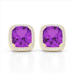 6 ctw Amethyst & Micro Pave VS/SI Diamond Halo Earrings 18k Yellow Gold