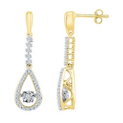 10kt Yellow Gold Round Diamond Moving Twinkle Teardrop Dangle Earrings 1/5 Cttw