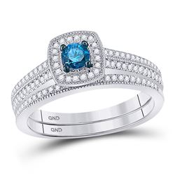 10kt White Gold Round Blue Color Enhanced Diamond Bridal Wedding Engagement Ring Band Set 1/2 Cttw