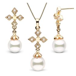 White Akoya Pearl and Diamond Cross Pendant and Earring Set