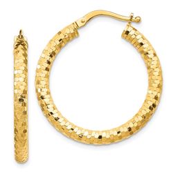 14k Yellow Gold 3x20 mm Diamond-cut Hoop Earrings - 29 mm