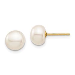 14k Yellow Gold White Button Pearl Stud Post Earrings - 7-8 mm