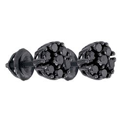 Black-finish Sterling Silver Mens Round Black Color Enhanced Diamond Cluster Earrings 1.00 Cttw