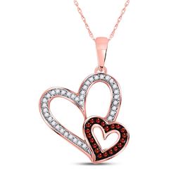 10kt Rose Gold Round Red Color Enhanced Diamond Double Heart Pendant 1/6 Cttw