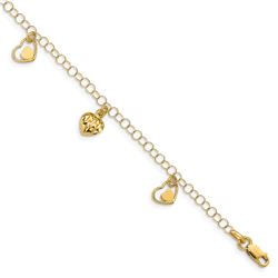 14k Yellow Gold Polished & D/C Hearts Bracelet - 7 in.