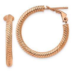 14k Rose Gold Twisted Round Omega Back Hoop Earrings - 3x20 mm