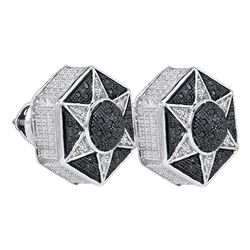 Sterling Silver Round Black Color Enhanced Diamond Hexagon Star Cluster Earrings 1/5 Cttw