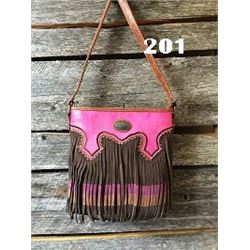 10"x10"x3" COFFEE BROWN/PINK-FRINGE WESTERN MESSENGER PURSE