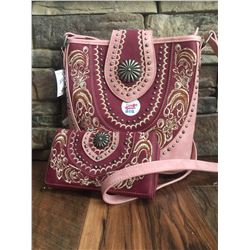 10"x10"x3" RASPBERRY PINK/LIGHT PINK-WESTERN MESSENGER PURSE AND MATCHING TRIFOLD WALLET
