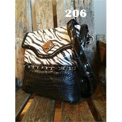 11"X11"X3" BLACK/CRÈME ZEBRA DESIGN-REAL LEATHER MESSENGER PURSE