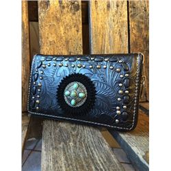 5"x8" BLACK/TOOLED ZIPPERED WESTERN WALLET-DETACHABLE STRAP/INNER AND OUT ZIP COMPARTMENTS/CREDIT CA