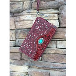 5"x8" RED /TOOLED/TURQUOISE ZIPPERED WESTERN WALLET-DETACHABLE STRAP/INNER AND OUT ZIP COMPARTMENTS/