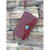 Image 1 : 5"x8" RED /TOOLED/TURQUOISE ZIPPERED WESTERN WALLET-DETACHABLE STRAP/INNER AND OUT ZIP COMPARTMENTS/