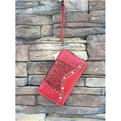 5"x8" RED /TOOLED ZIPPERED WESTERN WALLET-DETACHABLE STRAP/INNER AND OUT ZIP COMPARTMENTS/CREDIT CAR