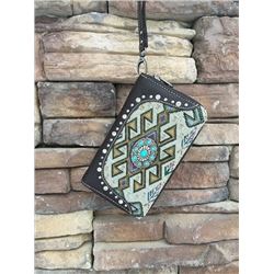 5"x8" COFFEE BROWN/AZTEC DESIGN ZIPPERED WESTERN WALLET-DETACHABLE STRAP/INNER AND OUT ZIP COMPARTME