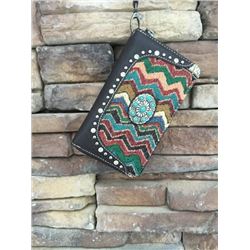 5"x8" COFFEE BROWN/AZTEC DESIGN ZIPPERED WESTERN WALLET-DETACHABLE STRAP/INNER AND OUT ZIP COMPARTME