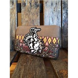 5"x8" BRONZE/BRONC DESIGN DESIGN CLASP CLOSURE WESTERN WALLET-INNER AND OUT ZIP COMPARTMENTS/CREDIT 