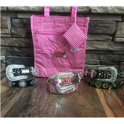 GROUP OF 3 WESTERN BLING BELTS PLUS A COWGIRL FINESS TOTE BAG*BELT MAY HAVE DEFECTS IN SOME STONES B