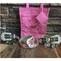 GROUP OF 3 WESTERN BLING BELTS PLUS A COWGIRL FINESS TOTE BAG*BELT MAY HAVE DEFECTS IN SOME STONES B