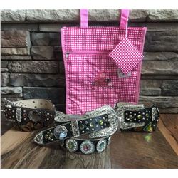 GROUP OF 3 WESTERN BLING BELTS PLUS A COWGIRL FINESS TOTE BAG*BELT MAY HAVE DEFECTS IN SOME STONES B