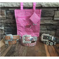 GROUP OF 3 WESTERN BLING BELTS PLUS A COWGIRL FINESS TOTE BAG*BELT MAY HAVE DEFECTS IN SOME STONES B