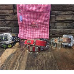 GROUP OF 3 WESTERN BLING BELTS PLUS A COWGIRL FINESS TOTE BAG*BELT MAY HAVE DEFECTS IN SOME STONES B