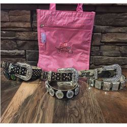 GROUP OF 3 WESTERN BLING BELTS PLUS A COWGIRL FINESS TOTE BAG*BELT MAY HAVE DEFECTS IN SOME STONES B