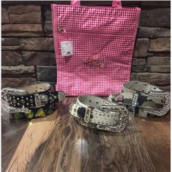 GROUP OF 3 WESTERN BLING BELTS PLUS A COWGIRL FINESS TOTE BAG*BELT MAY HAVE DEFECTS IN SOME STONES B