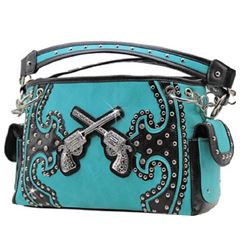 WESTERN TEAL AND BLACK DOUBLE PISTOL PURSE/DOUBLE CHAIN STRAPS/ INNER AND OUTER ZIPPER COMPARTMENTS/