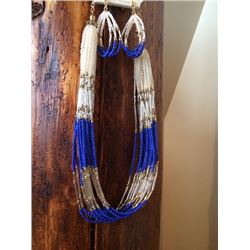 CREAM/BRONZE/ROYAL BLUE BEADED MULTI STRAND NECKLACE AND MATCHING EARRINGS