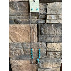 SIVER CHAIN TURQUOISE BEADED HORSESHOE NECKLACE WITH MATCHING BEADED EARRINGS/12" LONG