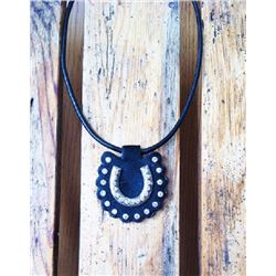 BLACK HAIR ON HIDE LEATHER CONCHO WITH BLING HORSESHOE /LEATHER ROPE 11" LONG