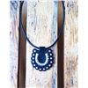 Image 1 : BLACK HAIR ON HIDE LEATHER CONCHO WITH BLING HORSESHOE /LEATHER ROPE 11" LONG
