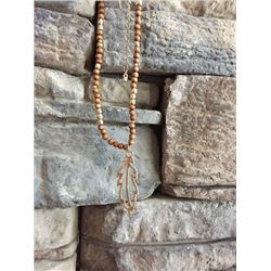 WOOD AND BRONZE BEADED NECKLACE WITH FEATHER PENDANT/13' LONG
