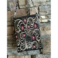 BLACK CELL PHONE PURSE/PINK FLORAL DESIGNS/8"X6"/SINGLE STRAP/CELL PHONE POCKET ON BACK WITH MAGNETI
